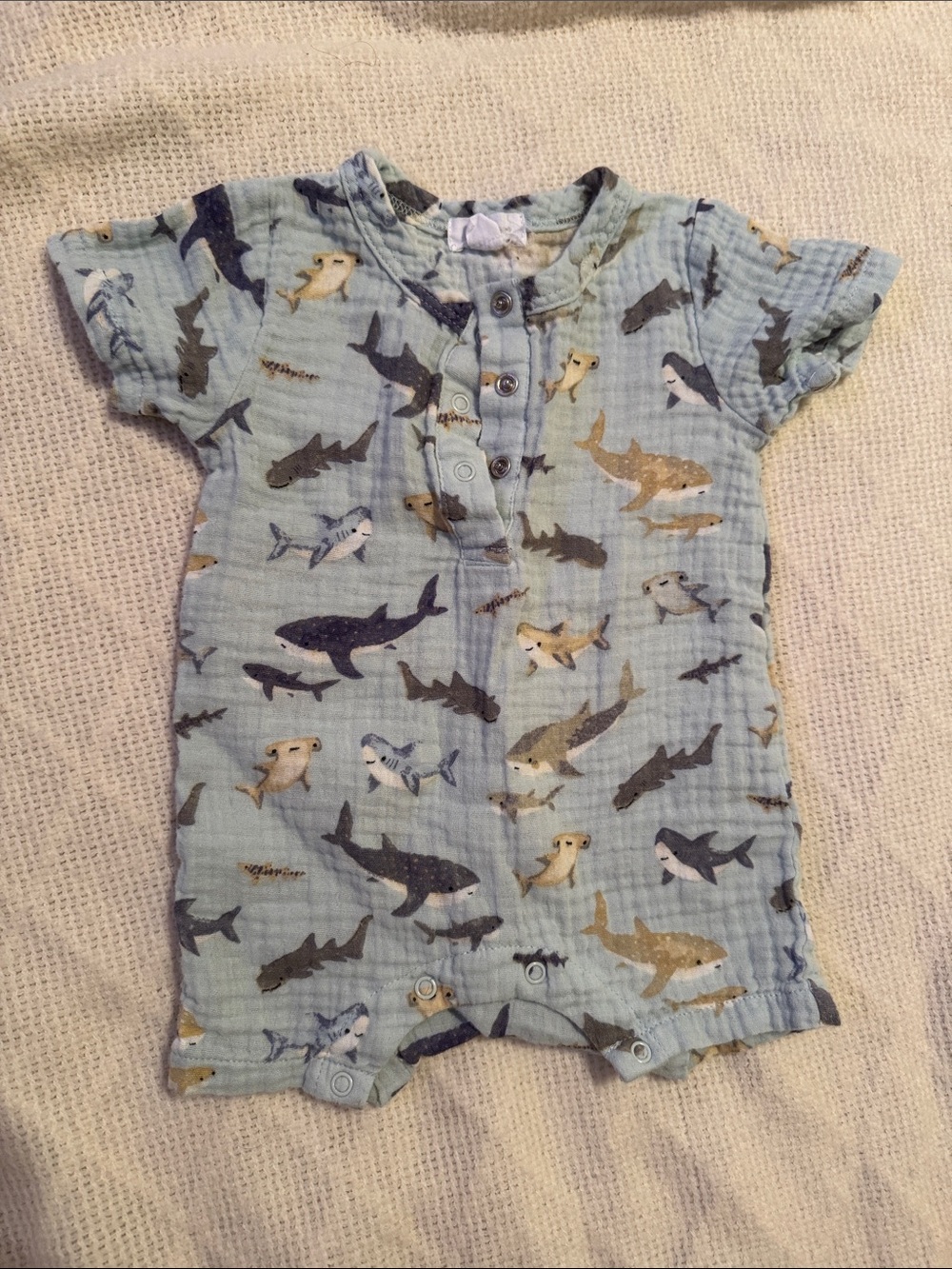 Angel Dear Light Blue Shark-Print Short Sleeve Romper